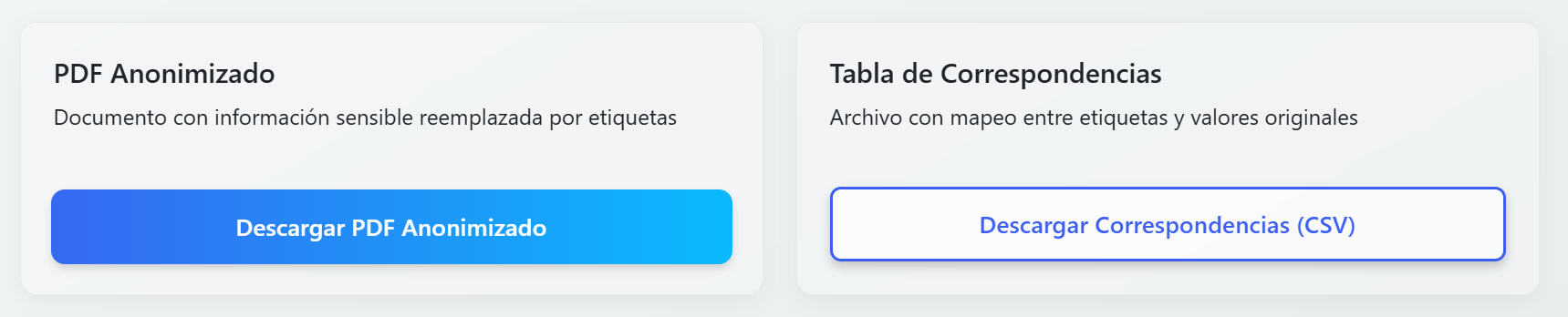Descarga tus archivos: el PDF anonimizado y la tabla de correspondecia entre las etiquetas y sus valores sustituídos.